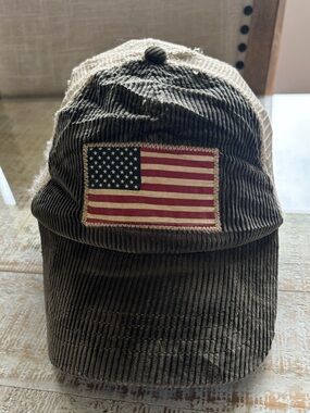 Polo Ralph Lauren Mesh Trucker Hat in Cream and Olive with American Flag